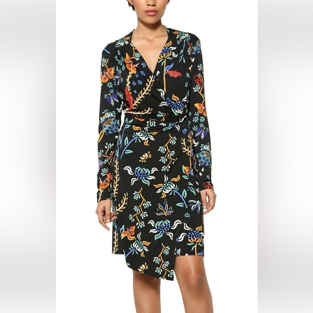 DESIGUAL Career Party Bridie Faux Wrap Multi Color Floral V-Neck Stretch Dress M